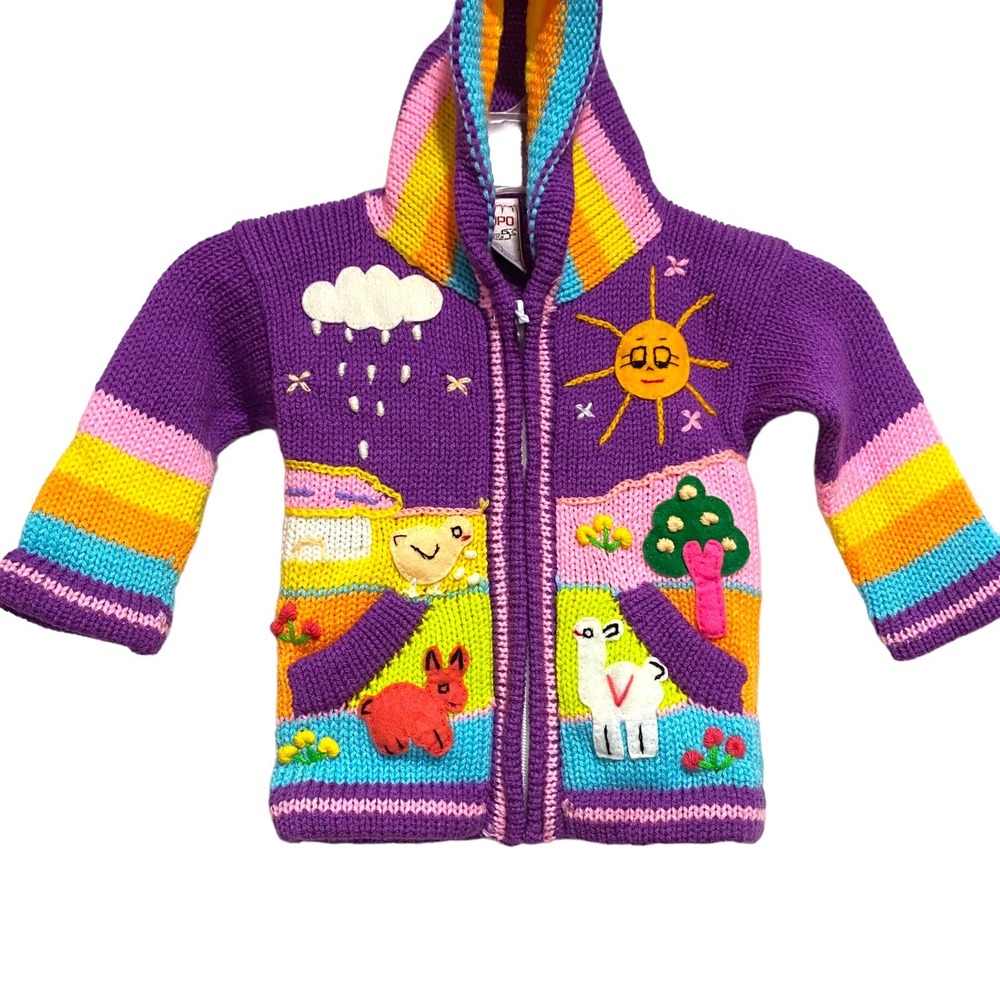 Grupo Peru Meych Kids Purple Rainbow Llama Applique Hand Knit Zip Hoodie Size 0